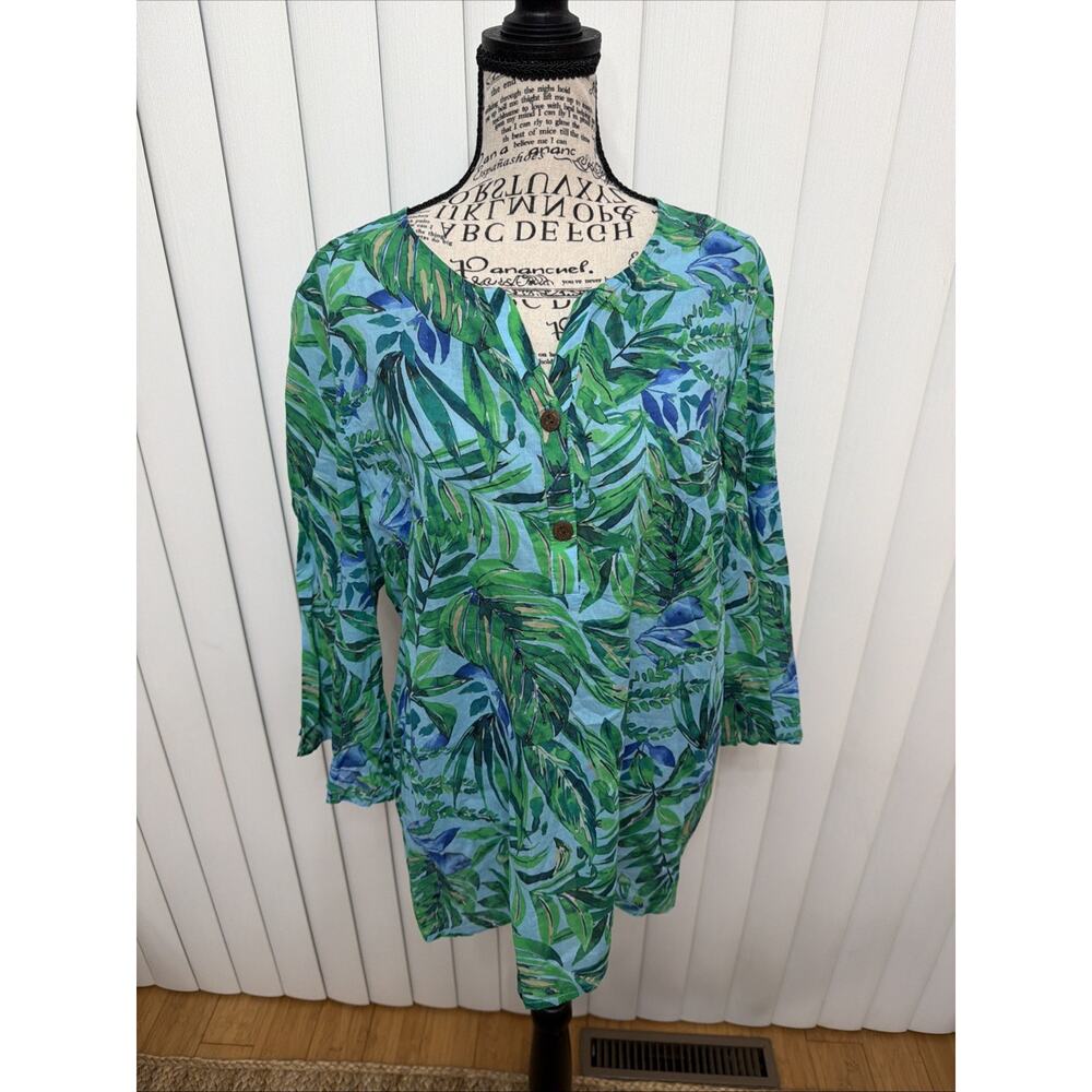 J. Jill 100% Cotton Blouse Tunic 3/4 Sleeves Tropical Resort Boho Sz L - Picture 2 of 7
